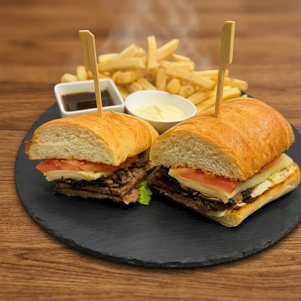 Hot Roast Beef Sandwich with garlic aioli and fries at The House on Queen&rsquo;s (HQ) in downtown London, Ontario