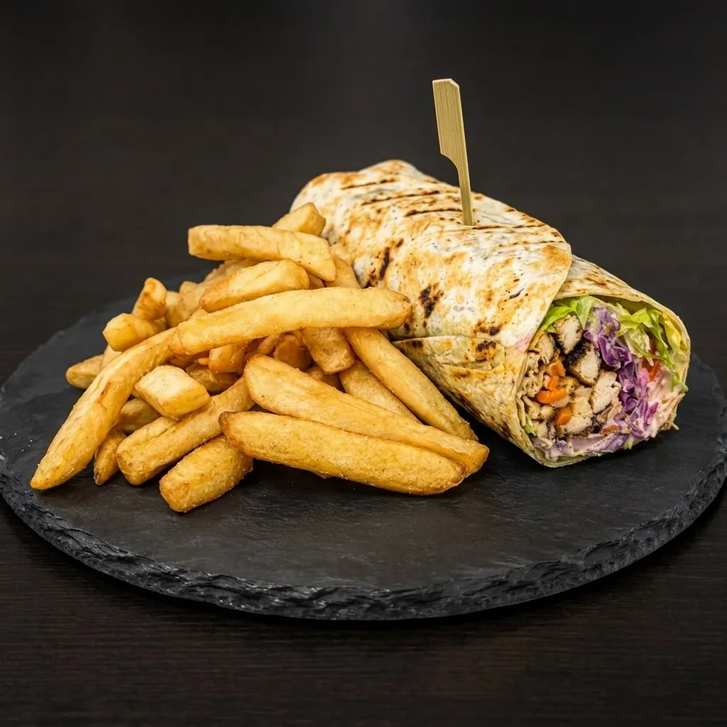 Jerk Chicken Wrap with house slaw and seasoned fries at The House on Queen&rsquo;s (HQ) in downtown London, Ontario